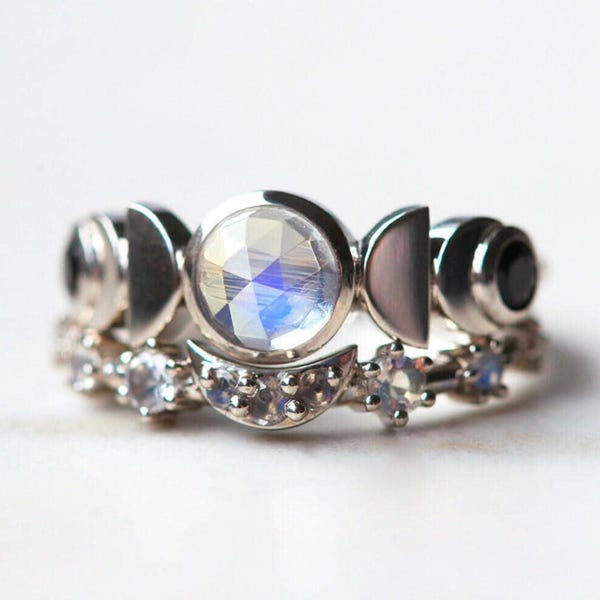 Einzigartige Mondstein Ring Set, Mondphase Verlobungsring, Mondsichelring, Einzigartige Galaxie Verlobungsring Ring
