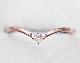 Diamond wedding band, Chevron ring, Rose gold ring, V shaped ring, Curved nesting band