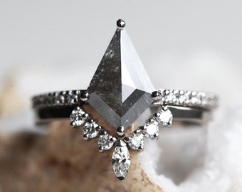 Kite Salt & Pepper Diamond Engagement Ring Set, Geometric Rhombus Diamond Set in 14k or 18k Solid Gold or Platinum