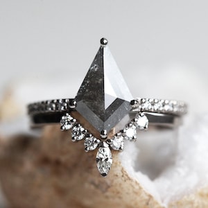 Kite Salt & Pepper Diamond Engagement Ring Set, Geometric Rhombus Diamond Set in 14k or 18k Solid Gold or Platinum