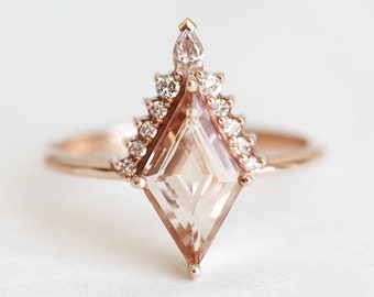 Kite engagement ring, Morganite & diamond ring, Geometric ring, Rhombus shaped ring, Peach ring