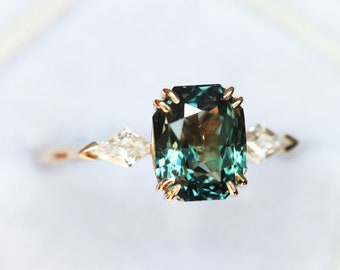 Sapphire engagement ring, Unique teal sapphire & diamond solitaire, Bicolor green blue ring