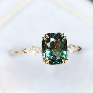 Sapphire engagement ring, Unique teal sapphire & diamond solitaire, Bicolor green blue ring