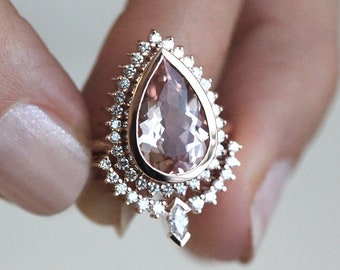 Morganite engagement ring set, Large morganite ring, Pear cut gemstone set, Platinum diamond ring