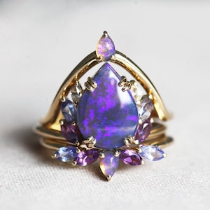 Raiven black opal ring set, Unique purple opal engagement set image 2