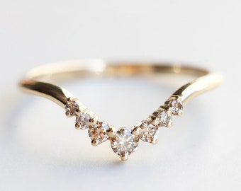 Champagne diamond wedding band, Curved nesting ring, Light brown gemstone ring