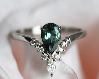 Green Pear Sapphire Engagement Ring, V Diamond Sapphire Ring in White Gold, Teal Engagement Ring