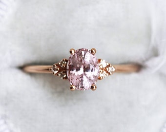 Oval Pink Peach Sapphire Ring, Rose Gold Diamond Sapphire Ring, 14k 18k Rose Gold Diamond ring With Pink Sapphire