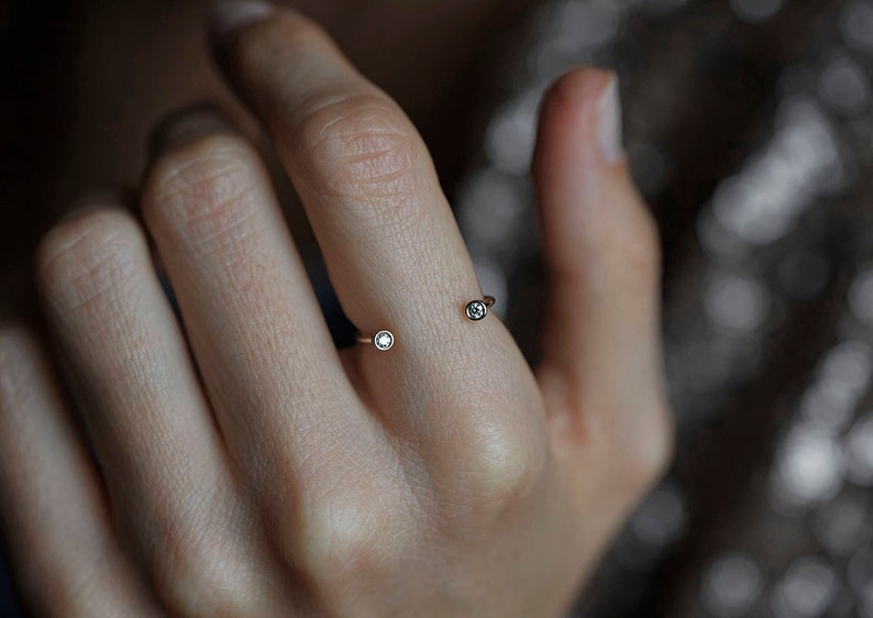 Tiny diamond ring, Double stone engagement ring, Open wedding band, April birthstone ring image 1