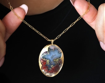 Multicolor garden moss agate necklace, statement necklace with paperclip chain