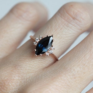 Blue sapphire diamond ring, Marquise engagement ring, Dark sapphire wedding ring, Rose gold ring image 2
