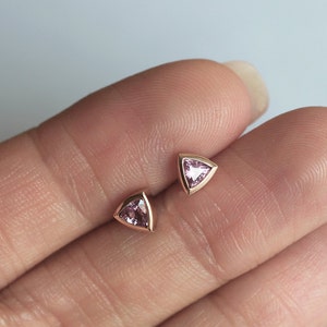 Triangle earrings Rose Gold, Pink Sapphire Earring Studs, Simple Everyday Earrings with sapphires image 3