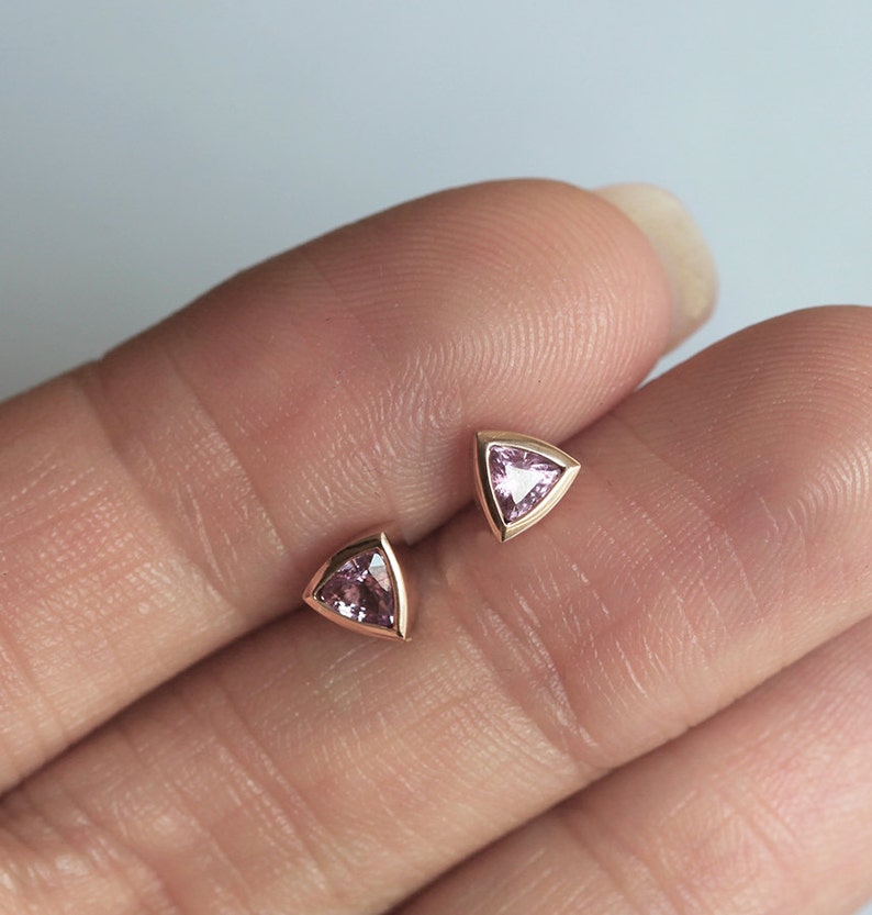 Triangle earrings Rose Gold, Pink Sapphire Earring Studs, Simple Everyday Earrings with sapphires image 3