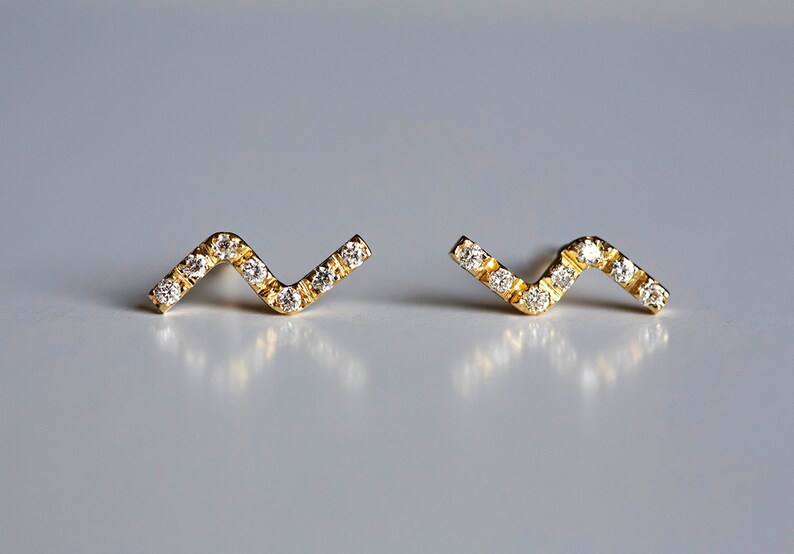 Gold Delicate earrings, Tiny Diamond Line Earrings, Line Studs Ear Pin, Lightning Bolt Studs, Micro Pave Jewelry Set, elegant earrings image 4