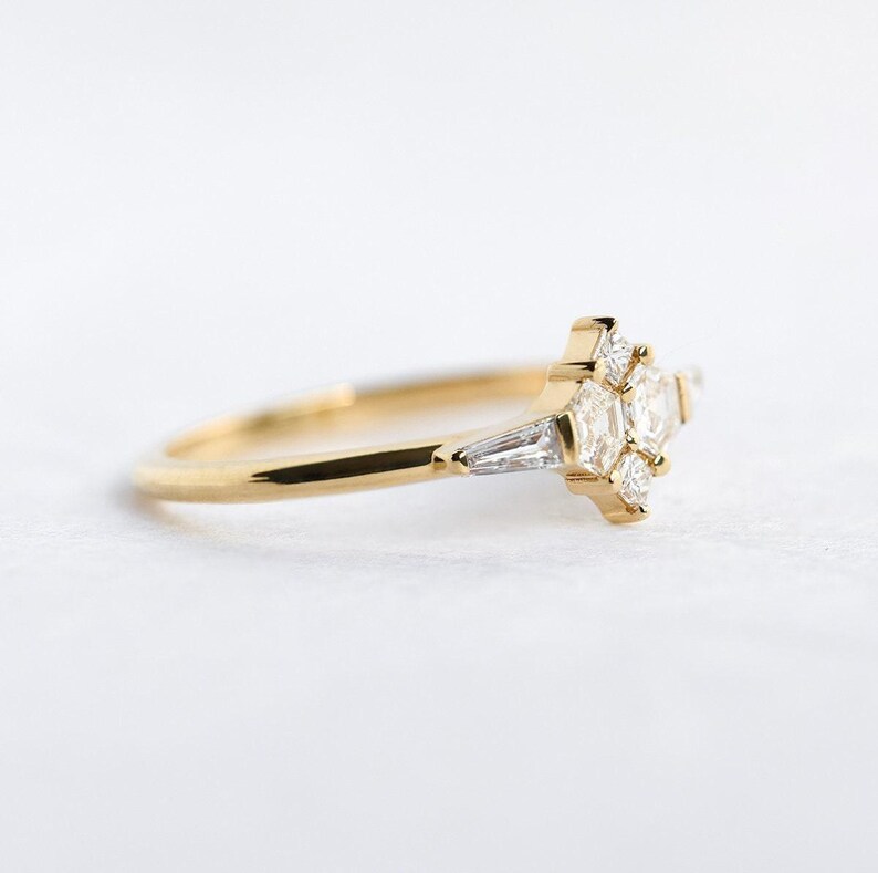 Diamond cluster ring, Hexagon diamond ring with side baguette diamonds image 3