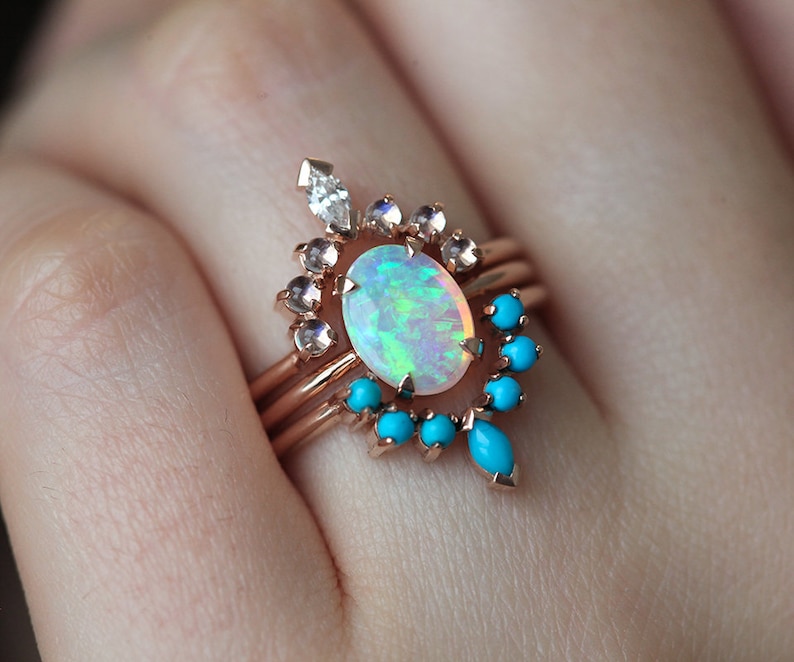 Ocean Ring Set, Engagement Ring Set with Oval Australian Fire Opal, Moonstone, Diamond & Turquoise Curved Band Rings, Bridal or Wedding Set image 5