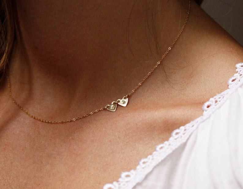 14k SOLID Gold Two Initial Necklace Solid Gold, Yellow Gold Simple Heart Necklace, Two Heart Necklace Delicate Sideways Necklace 