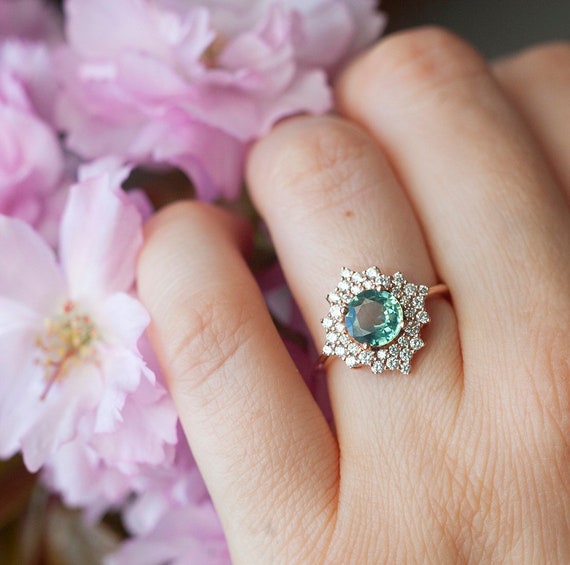 Halo Sapphire Ring Sapphire Halo Diamond Ring Round Teal