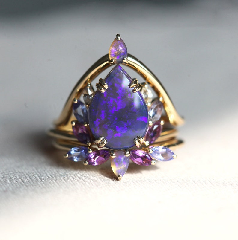 Raiven black opal ring set, Unique purple opal engagement set image 4