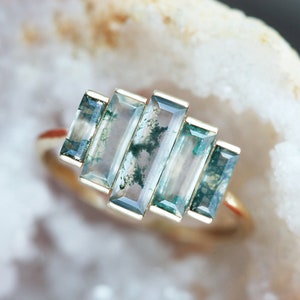 Art deco engagement ring, Moss agate ring, Baguette cut ring, Unique green ring image 6