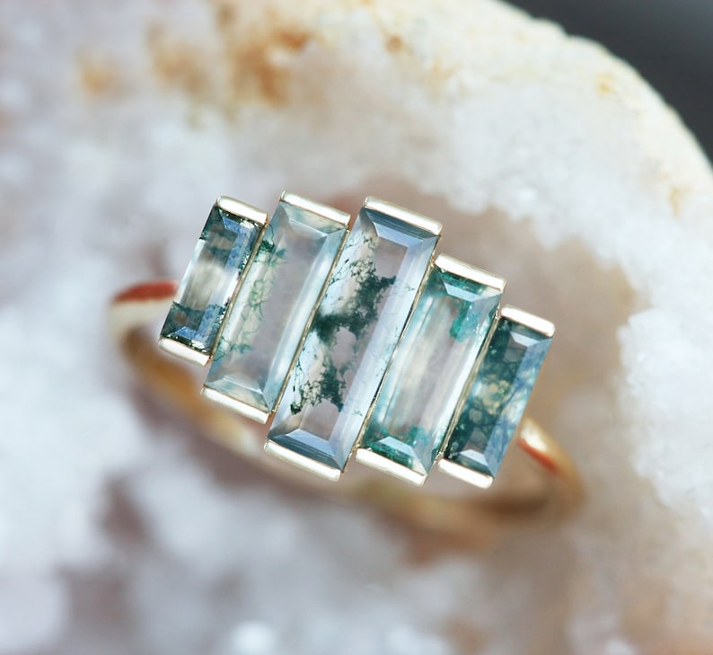 Art deco engagement ring, Moss agate ring, Baguette cut ring, Unique green ring image 6