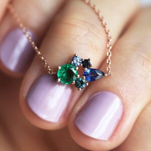 Cluster Necklace, Sapphire Necklace, Emerald Necklace, May September Necklace, Ombre Necklace Rose Gold