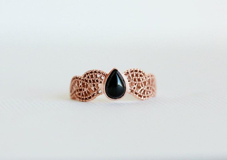 Black Spinel Ring, Gold Filigree Ring, Rose Gold Lace Ring, White Gold Engagement Ring, Non Diamond Ring, Vintage Ring, 14k Rose Gold image 6