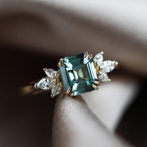 Teal sapphire ring, Emerald cut engagement ring, Accent diamond ring, Green blue wedding ring