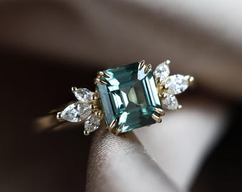 Teal sapphire ring, Emerald cut engagement ring, Accent diamond ring, Green blue wedding ring