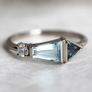 Aquamarine engagement ring, Alexandrite cluster, Unique diamond ring, Modern trapezoid ring