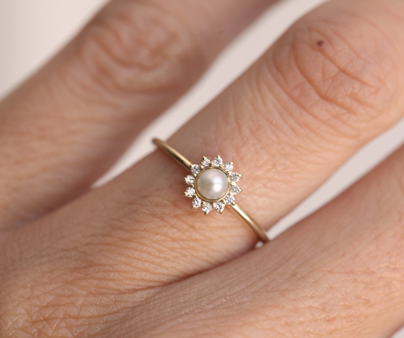 Gold Pearl Ring, Halo Diamond Pearl Ring, 14k Freshwater Pearl Ring, 18k Gold Ring image 5