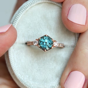Hexagon Sapphire Engagement Ring, Teal Blue Sapphire Diamond Ring, Round Sapphire ring with side diamonds, 2ct Sapphire Ring image 9