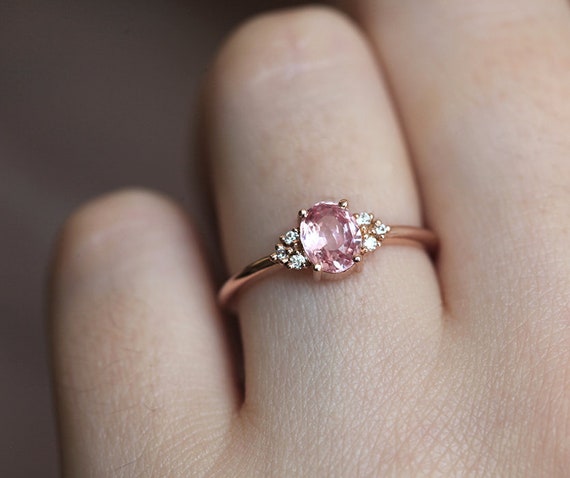 Delicate Rose Gold Peach Sapphire Ring Pink Sapphire Diamond 