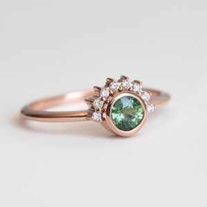 Round Sapphire Engagement Ring Rose Gold, Green Sapphire Diamond Ring, Sapphire Diamond Engagement Ring image 7