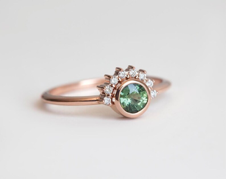 Round Sapphire Engagement Ring Rose Gold, Green Sapphire Diamond Ring, Sapphire Diamond Engagement Ring image 7