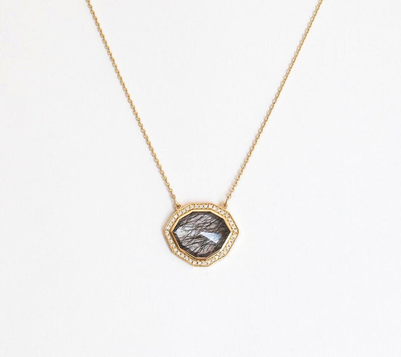 Halo Diamond Necklace, OOAK Gemstone Necklace, Black Rutilated Quartz Necklace, Unique Anniversary Necklace image 5