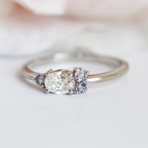 Cluster Diamond Ring, Oval Diamond Engagement Ring with Tanzanites, Mini Cluster Ring