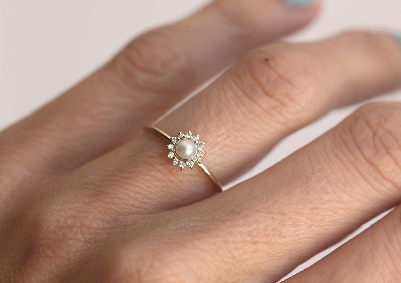 Gold Pearl Ring, Halo Diamond Pearl Ring, 14k Freshwater Pearl Ring, 18k Gold Ring image 3