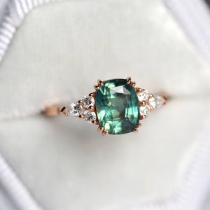 Teal Green Blue Sapphire & Diamond Ring, Cushion Cut Engagement Ring, 14k or 18k Solid Gold image 3