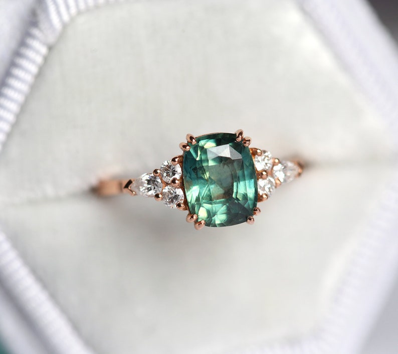 Teal Green Blue Sapphire & Diamond Ring, Cushion Cut Engagement Ring, 14k or 18k Solid Gold image 3