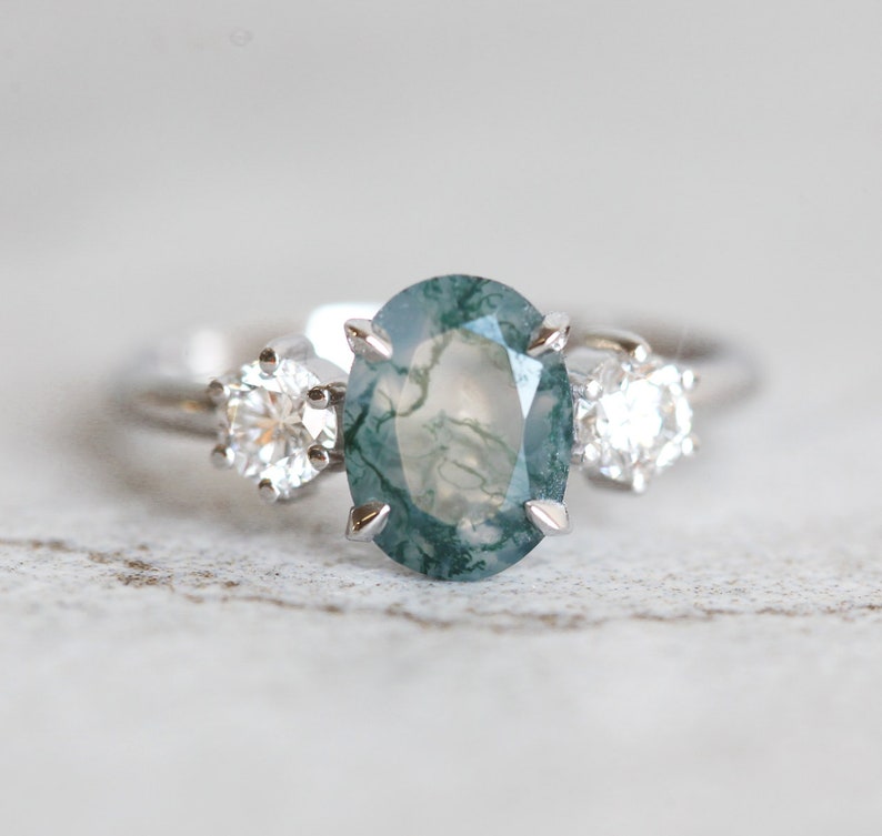Oval Moss Agate Ring Moss Agate Diamond Engagement Ring | Etsy