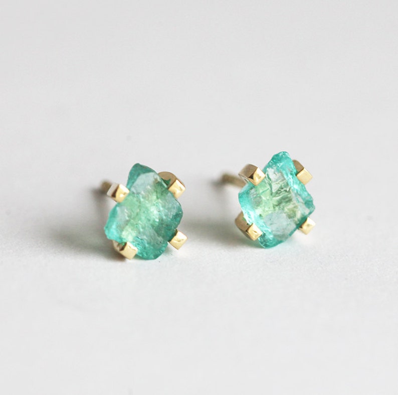 Raw Mint Apatite Studs, Simple Green Earrings, 14k Solid Gold image 2