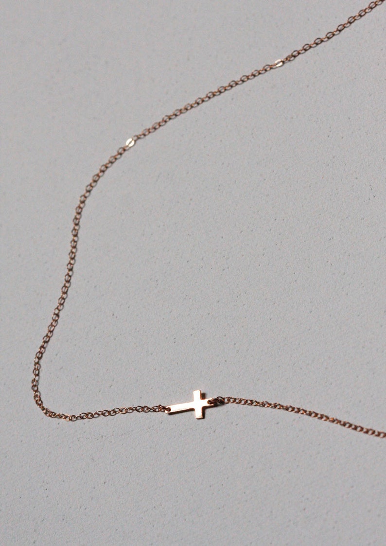 Solid Gold Cross Necklace, 14k Gold Tiny Cross Necklace, Sideways Cross Necklace for Her image 3