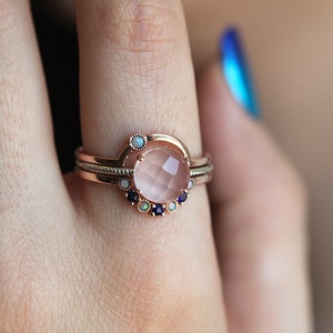 Curved opal ring, Small gemstone stacking ring, Filigree nesting wedding band image 4