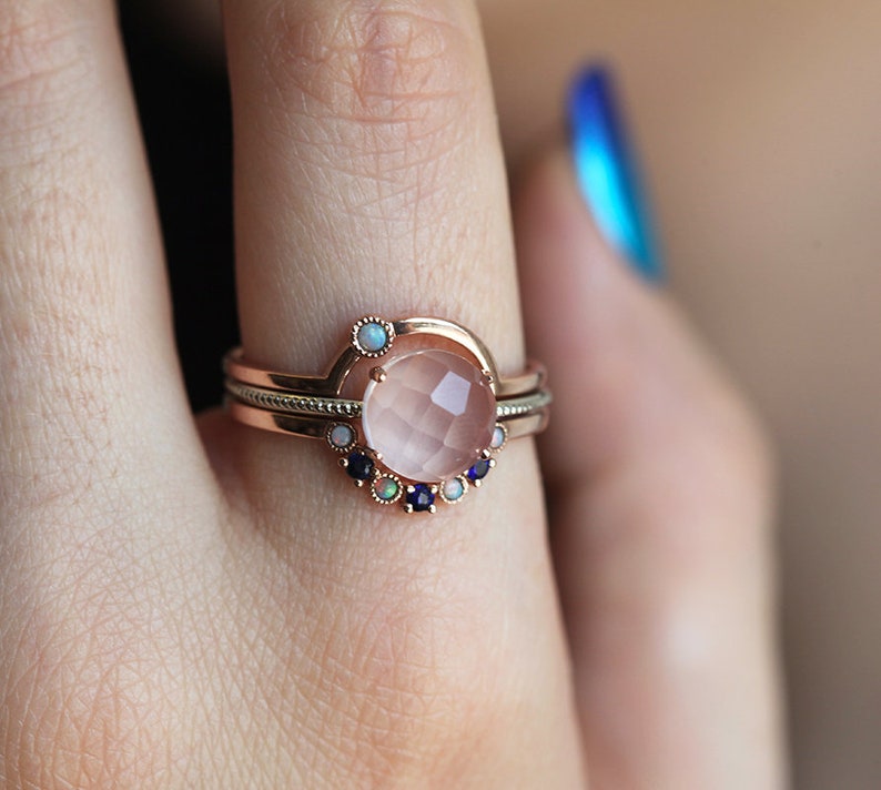 Curved opal ring, Small gemstone stacking ring, Filigree nesting wedding band image 4