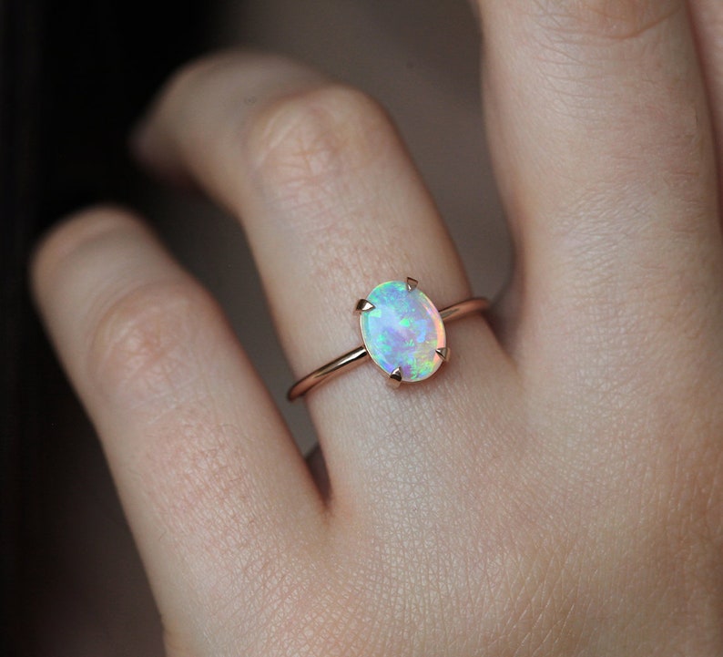Ocean Ring Set, Engagement Ring Set with Oval Australian Fire Opal, Moonstone, Diamond & Turquoise Curved Band Rings, Bridal or Wedding Set image 3