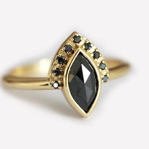 Black Diamond Engagement Ring, Marquise Diamond Ring, Marquise Engagement Ring, 18k Yellow Gold Engagement Ring