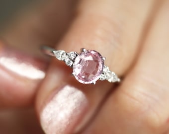 Oval Pink Sapphire Ring, Pink Sapphire Engagement Ring, White Gold Peach Sapphire Ring by Minimalvs