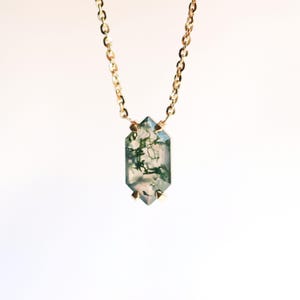 Solitaire Moss agate necklace, Hexagon moss agate necklace for her