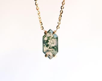 Solitaire Moss agate necklace, Hexagon moss agate necklace for her
